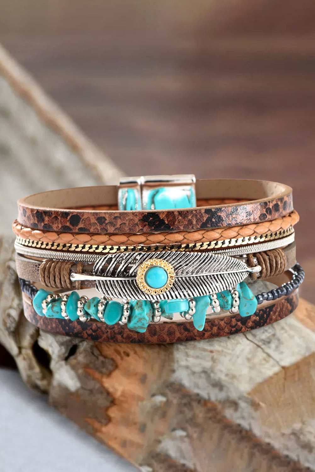 Bracelet en cuir multicouche marron vintage turquoise 