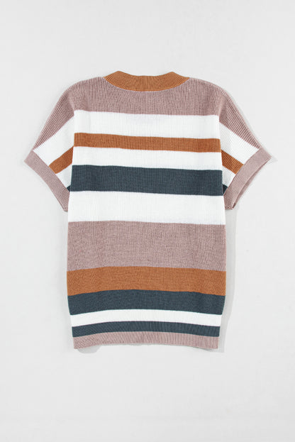 Camel Striped Knit Crew Neck T Shirt Sweater