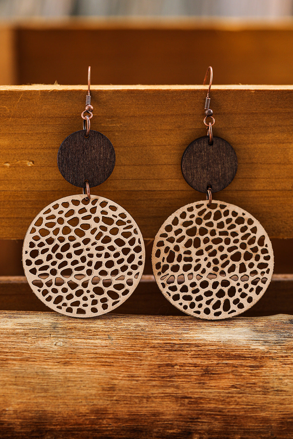 Black Hollow Out Wooden Round Drop Earrings