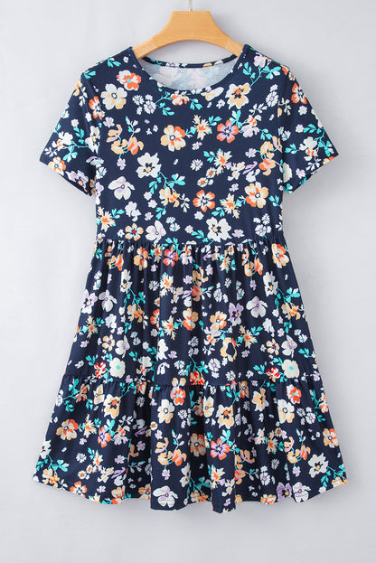 Robe trapèze à fleurs bleue à manches courtes