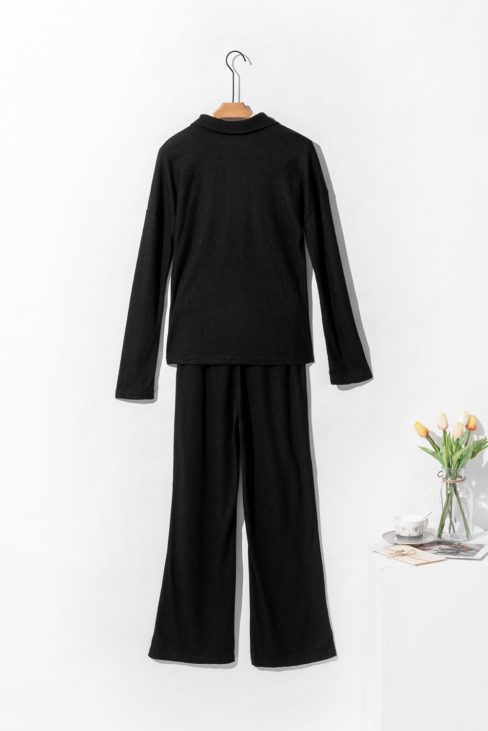 Black Ribbed Knit Collared Henley Top and Pants Lounge Outfit