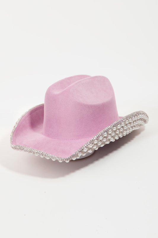 Chapeau de cowboy avec bordure en perles et strass pavé Fame