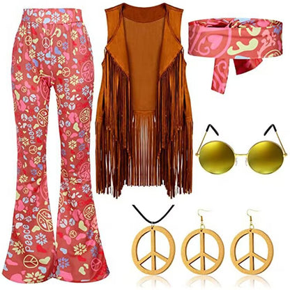 Ropa Vintage de fiesta Hippie de los años 70, chaleco con borlas, pantalones, traje con pañuelo en la cabeza