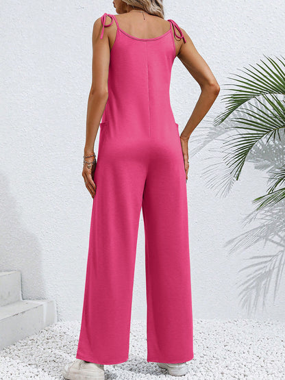 Tie-Shoulder Wide Leg Jumpsuit with Pockets