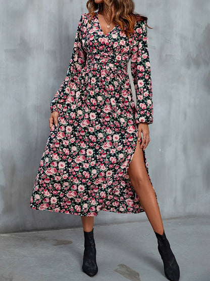 Robe midi fendue à col en V et motif floral