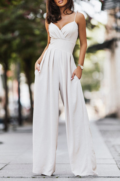 Beige Spaghetti Straps Pleated High Waist Wide Leg Jumpsuit