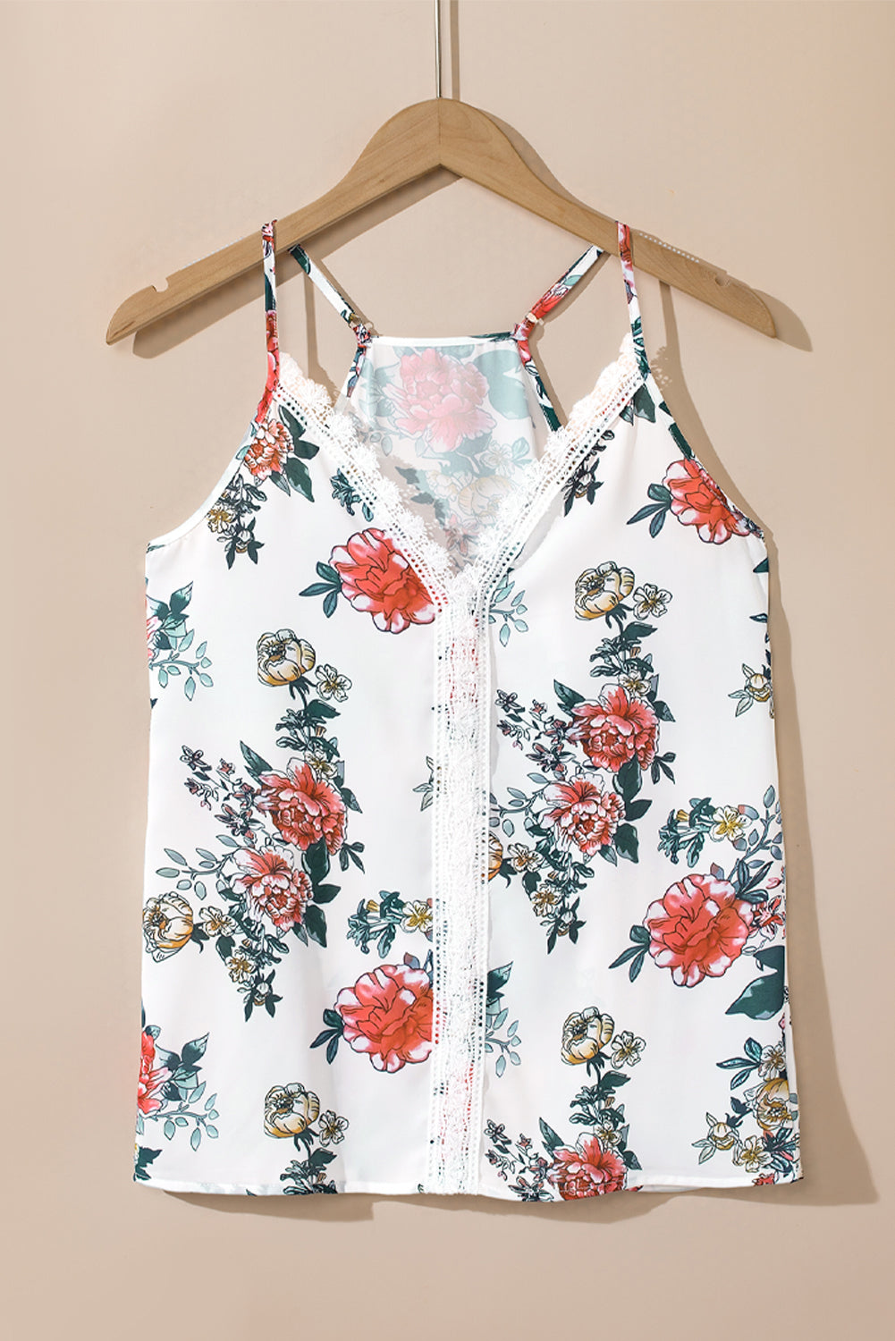 Camiseta sin mangas con cuello en V y encaje con estampado floral blanca