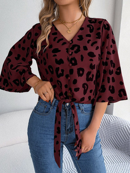 Tied Button Up Leopard V-Neck Blouse