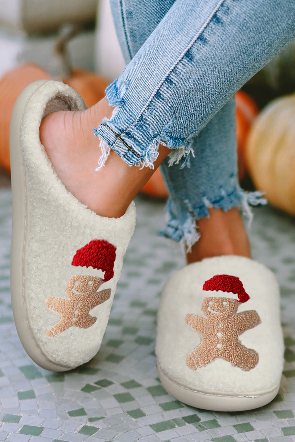 Zapatillas de casa de felpa de hombre de jengibre de Navidad blanca