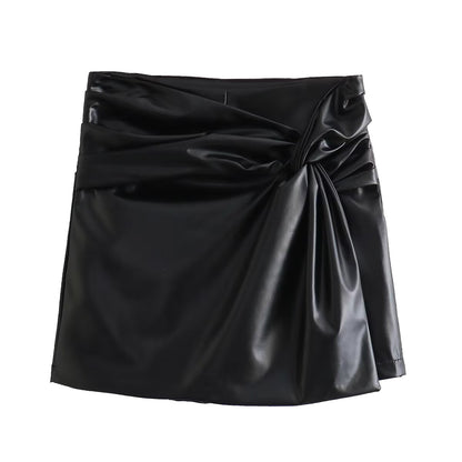 Jupe-culotte plissée texturée en cuir de couleur unie, coupe ajustée, assortie à tout, à la mode