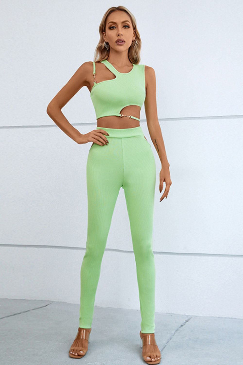 Asymmetrical Ribbed Cutout Tank and Pants Set