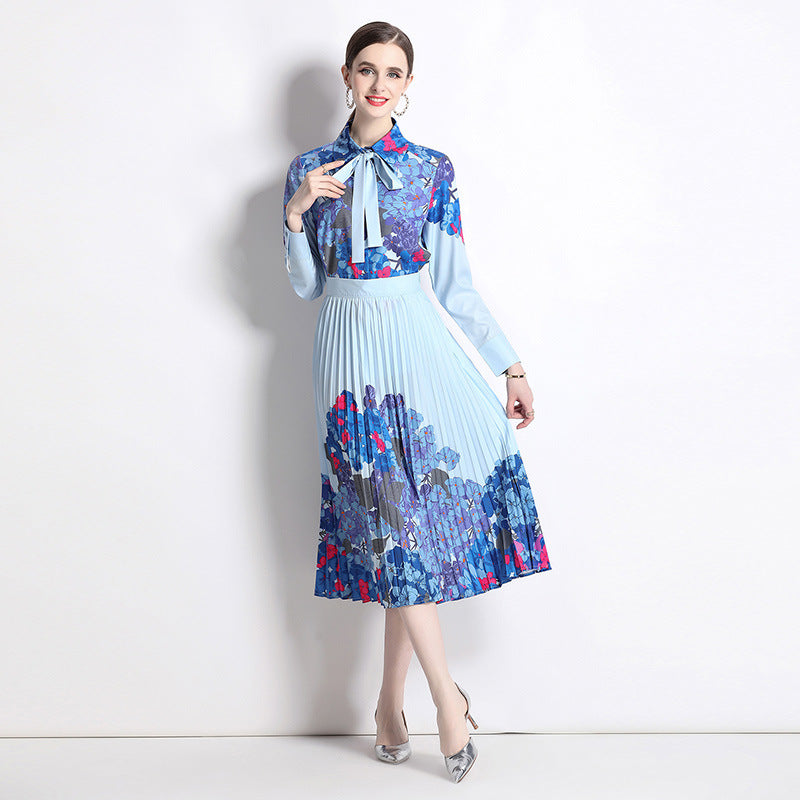 Bow Lace Printing Shirt Fashion Pleated Skirt Suit