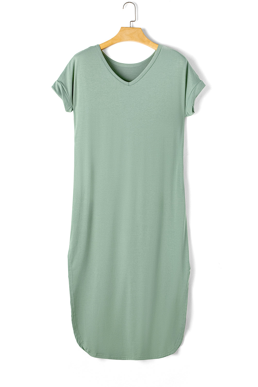 Robe t-shirt longue vert gazon avec poches cachées et col en V