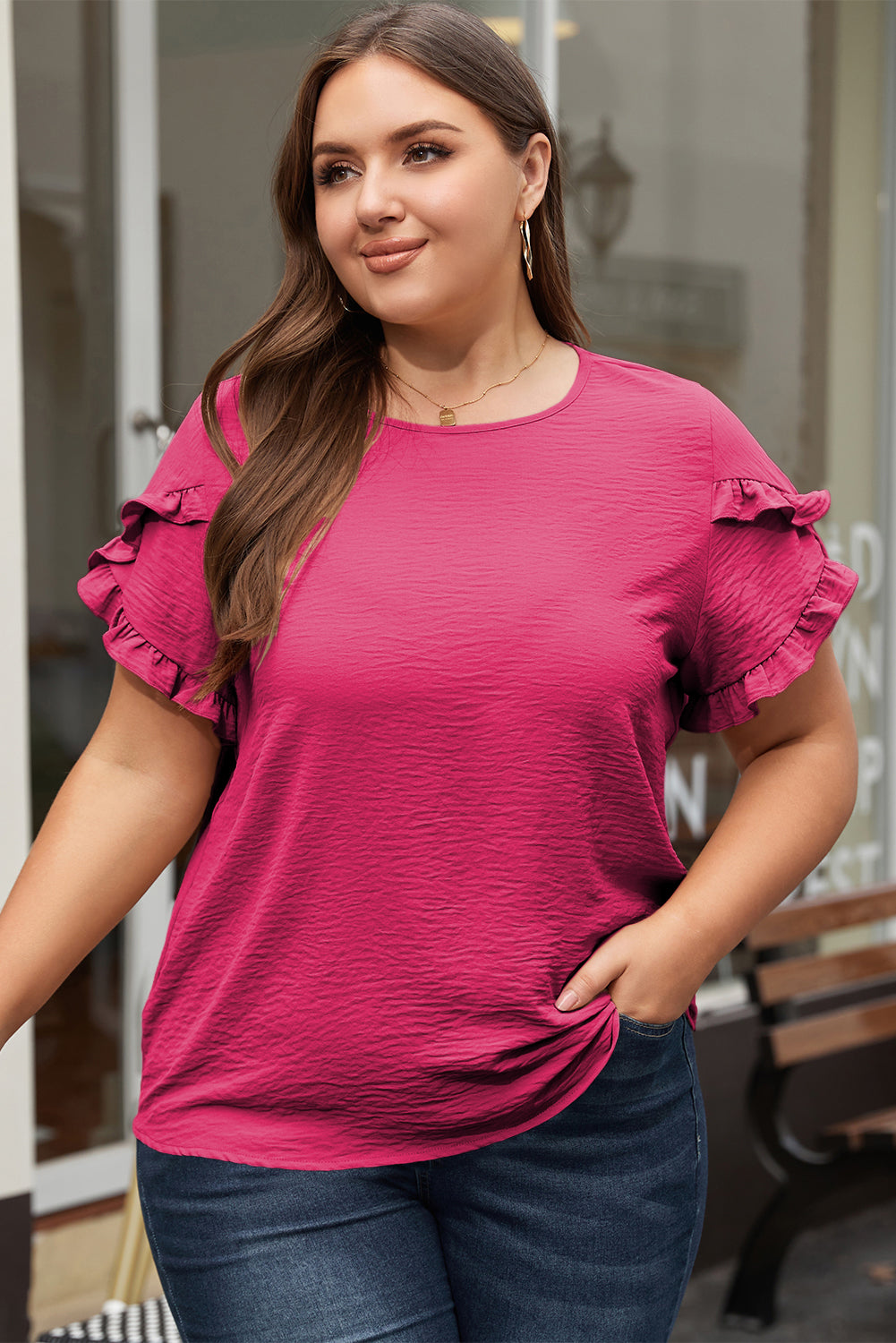 Black Ruffled Short Sleeve Plus Size Top