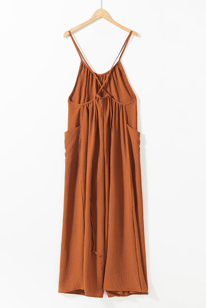 Apricot Spaghetti Straps Waist Tie Wide Leg Jumpsuit with Pockets