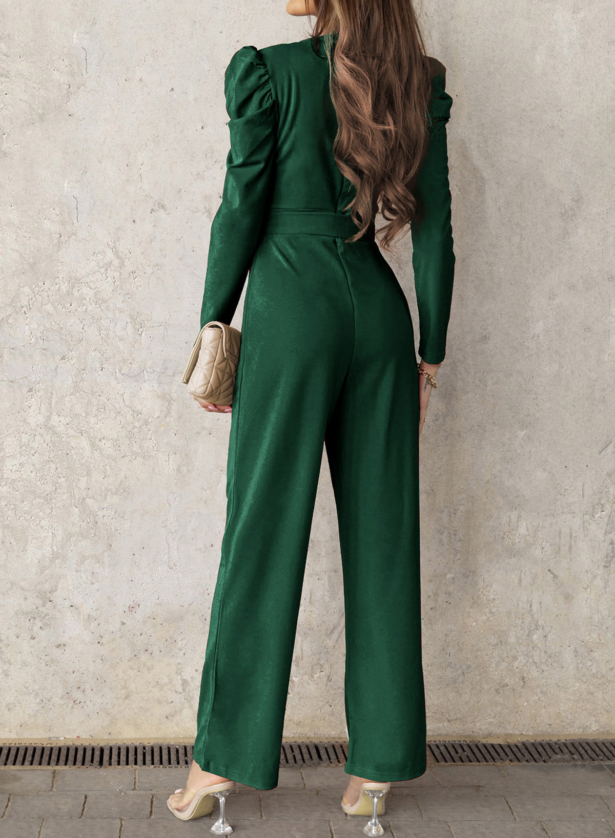 Belted Long Puff Sleeve V-Neck Jumpsuit