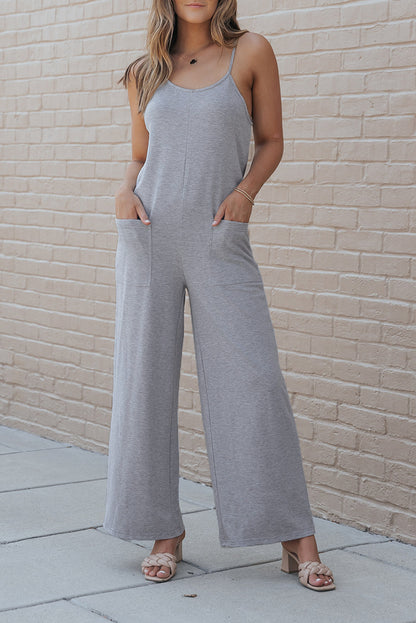 Black Patch Pockets Spaghetti Strap Wide Leg Jumpsuit