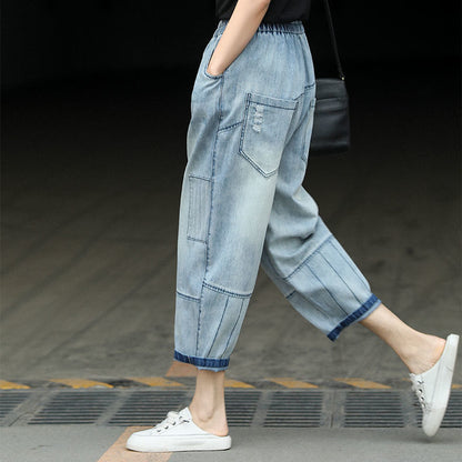 BF Style Loose-fitting Fashion Hole Stitching Denim Pencil Pants