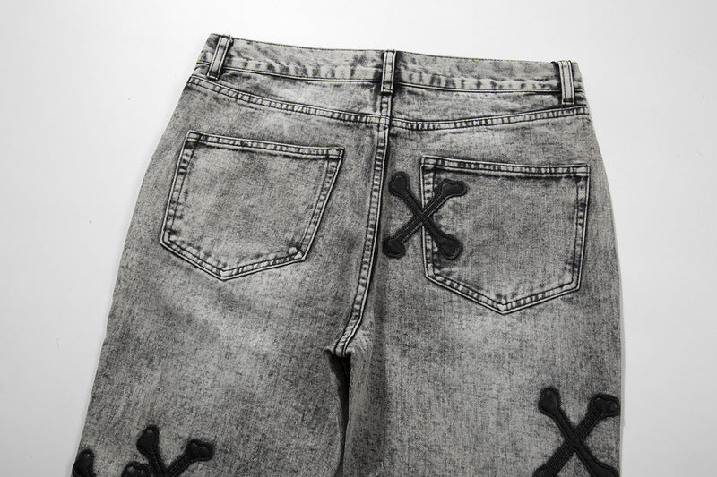 Jean slim gris délavé High Street Cross Bone Patch Skin