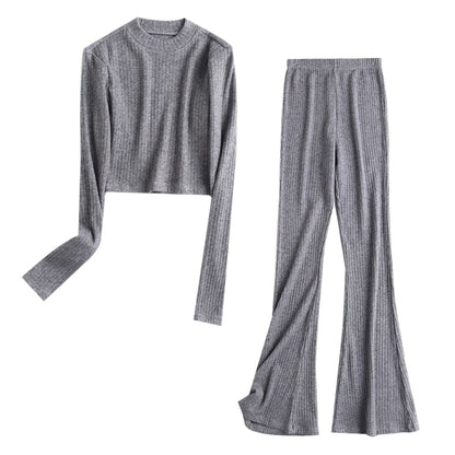 Tight Long-sleeved T-shirt Top Slim-fit High Waist Flattering Leisure Horn Wide-leg Pants Two-piece Suit