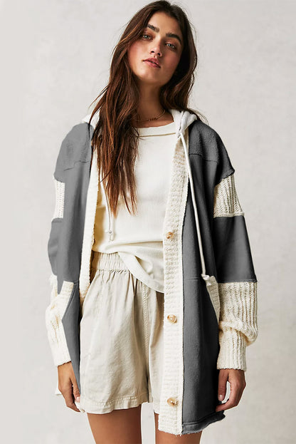 Beige Contrast Knit Patchwork Hooded Functional Coat