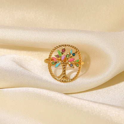 Tree Shape Inlaid Zircon 18K Gold-Plated Ring