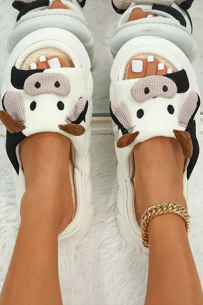 Pantuflas con punta abierta y estampado de vaca lindo blanco