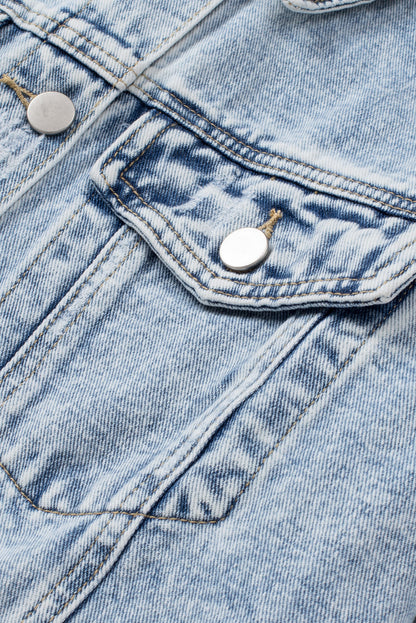 Blue Lapel Distressed Raw Hem Buttons Denim Jacket