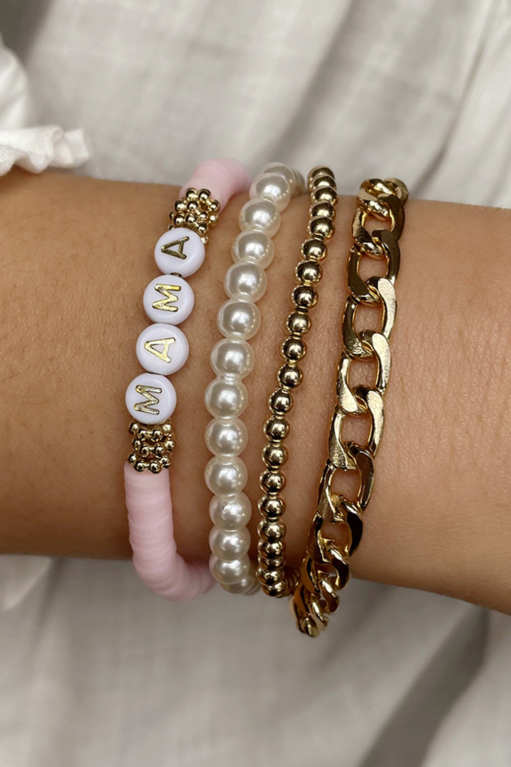 Juego de pulseras de cadena con cuentas de perlas MAMA de oro de 4 piezas 