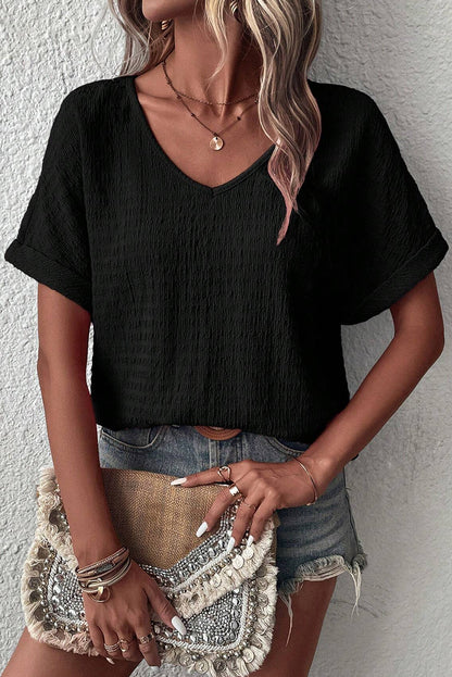 Black Textured Rolled Short Sleeve V Neck Tee