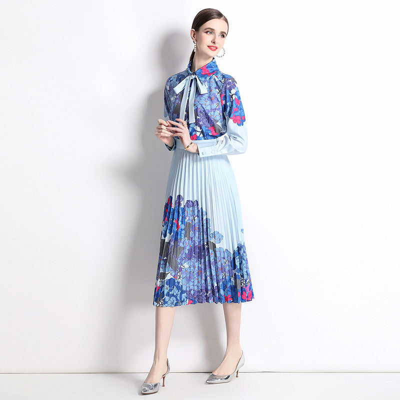 Bow Lace Printing Shirt Fashion Pleated Skirt Suit