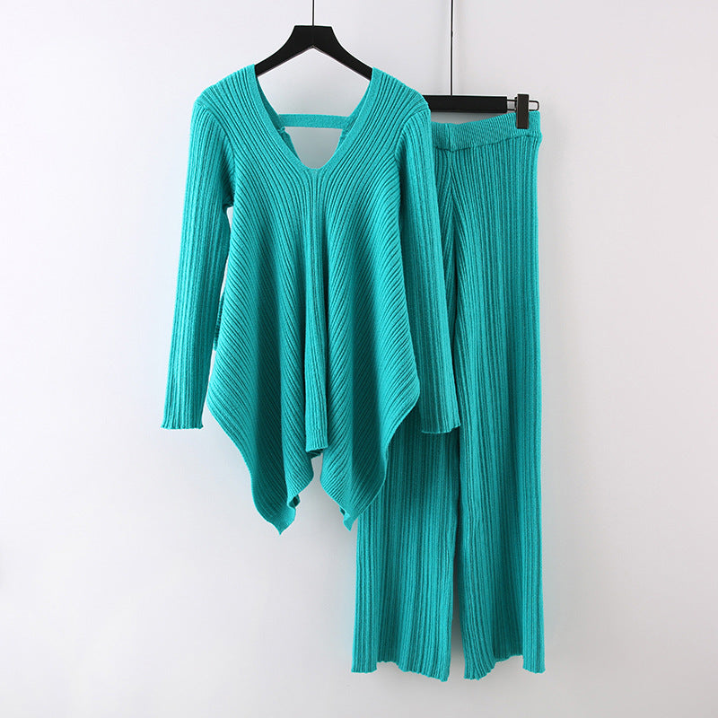 Autumn Fashionable Stylish Pleated Knitted Irregular V-neck Top Wide Leg Pants Sweater Suit