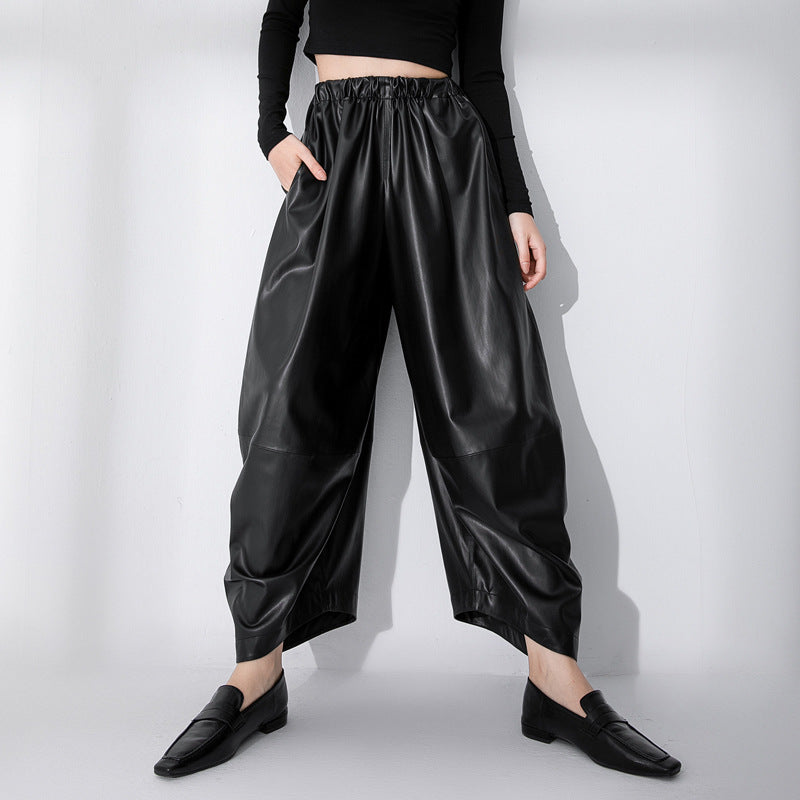 Black Matte Protein Environmentally Friendly PU Leather High-waisted Trousers Thin Velvet Simple