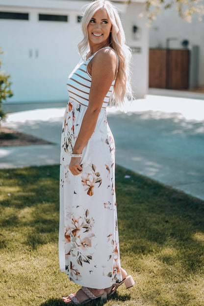 Vestido largo sin mangas con estampado floral de rayas blancas con bolsillo