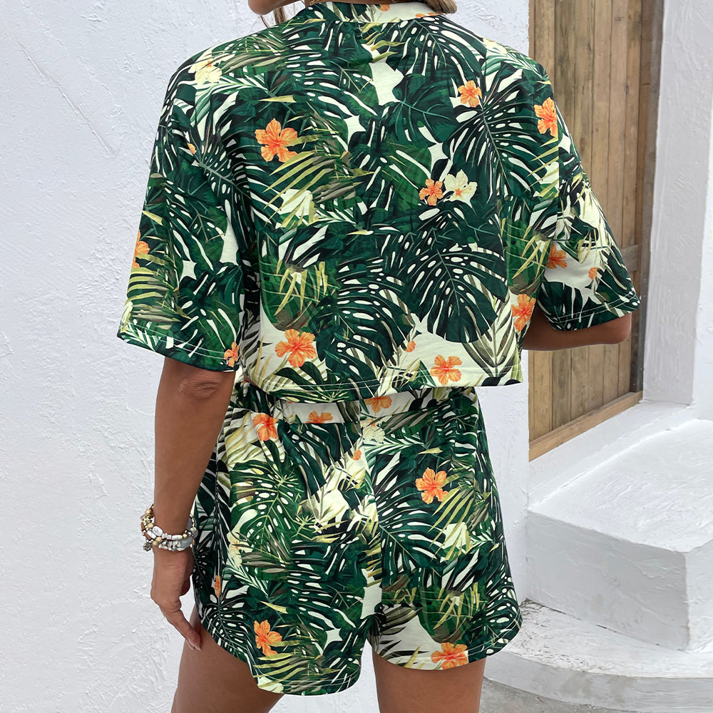 Ensemble haut et short à manches mi-longues et col rond à imprimé floral