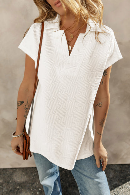 Apricot Textured V Neck Collared Short Sleeve Top