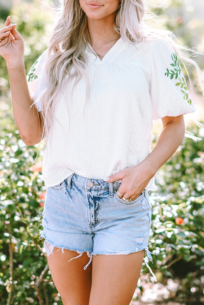 Black Floral Embroidered Puff Sleeve Notched Neck Blouse