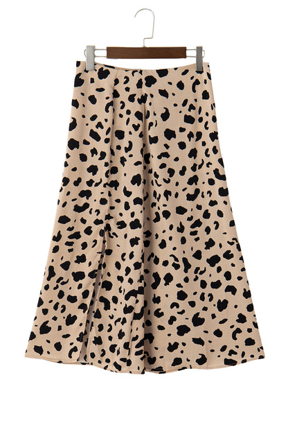 Beige Leopard Spots Printed Split Hem Midi Skirt