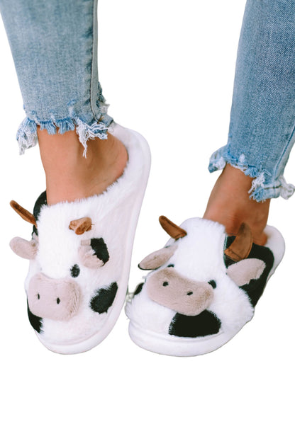 Pantuflas de felpa de vaca animal de dibujos animados blancos