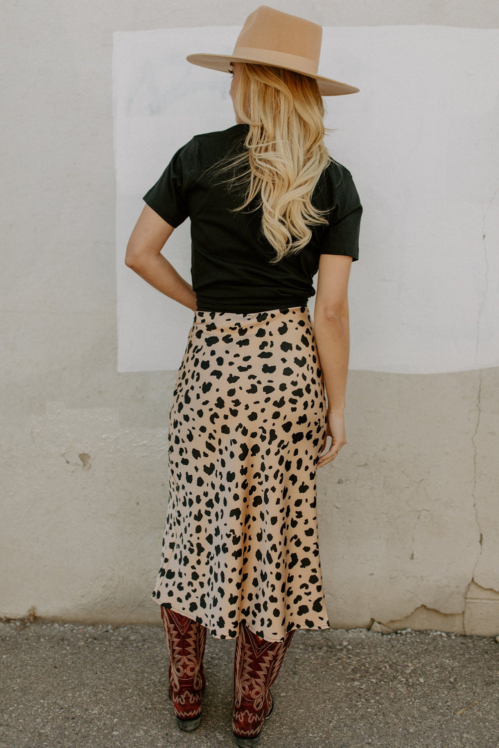 Beige Leopard Spots Printed Split Hem Midi Skirt