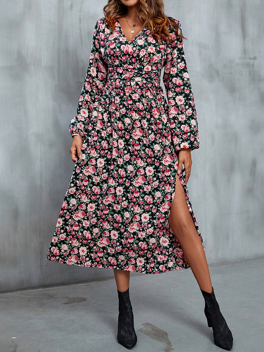 Robe midi fendue à col en V et motif floral