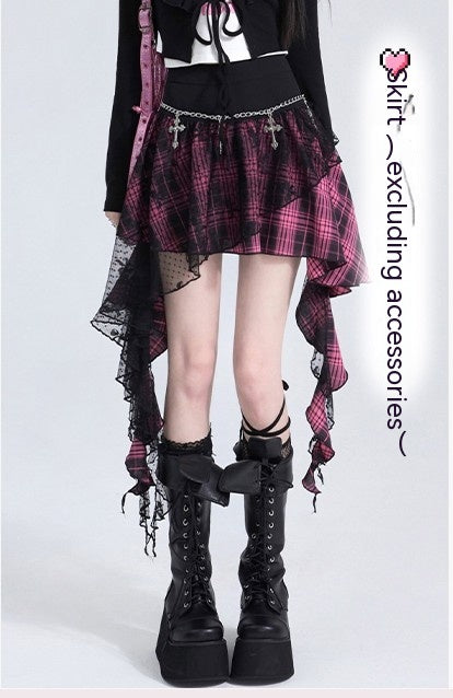 Checkered Skirt With Feminine Lace Patchwork