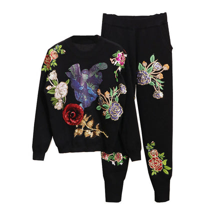 Women's European Station Sequined Flower Long-sleeved Sweater Sweater Skinny Pants Fashion Suit