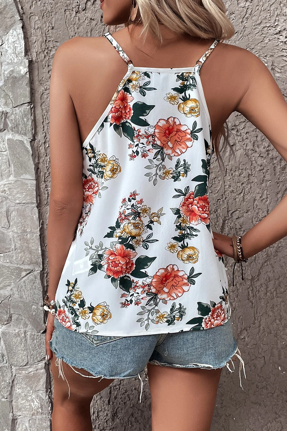 Camiseta sin mangas con cuello en V y encaje con estampado floral blanca