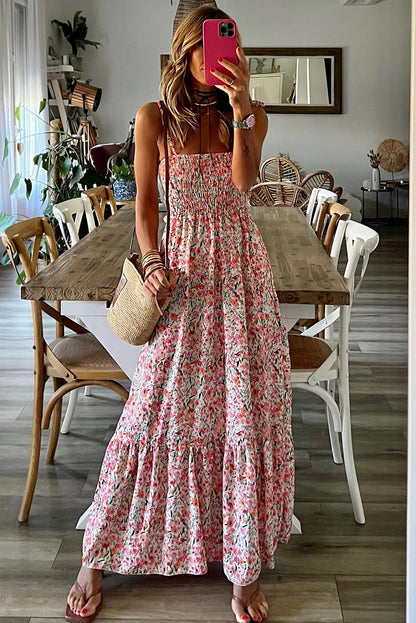 Vestido largo con volantes y fruncido floral boho blanco