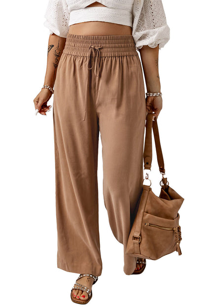 Black Drawstring Elastic Waist Casual Wide Leg Pants