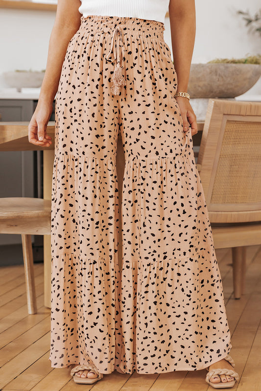 Brown Ruffle Wide Leg Dalmatian Palazzo Pants