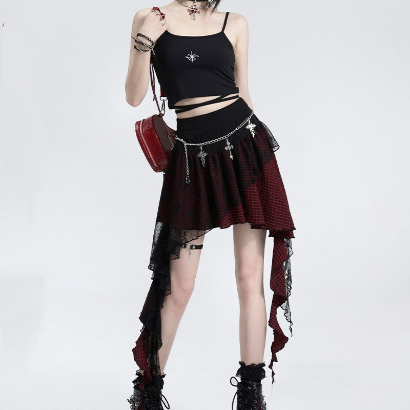 Checkered Skirt With Feminine Lace Patchwork