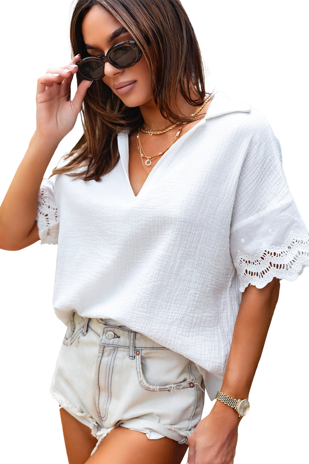 Blusa con cuello en V y manga empalmada de encaje arrugado blanca