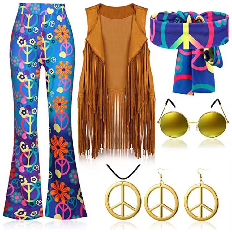 Ropa Vintage de fiesta Hippie de los años 70, chaleco con borlas, pantalones, traje con pañuelo en la cabeza